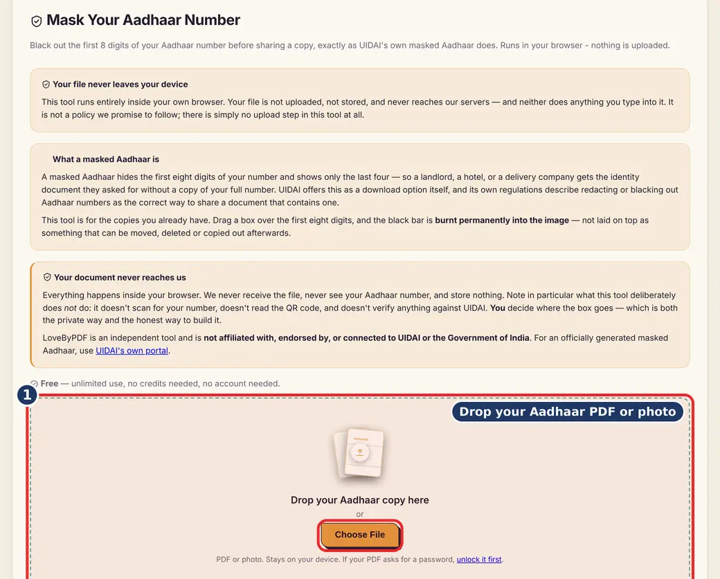 Step 1: Add your Aadhaar PDF or photo (mask Aadhaar number online) - Mask Your Aadhaar Number on LoveByPDF