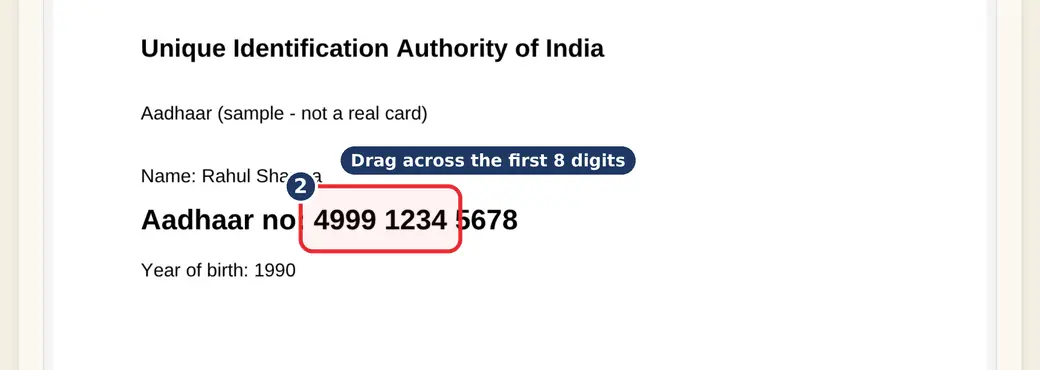 Step 2: Drag over the first 8 digits (masked Aadhaar PDF) - Mask Your Aadhaar Number on LoveByPDF