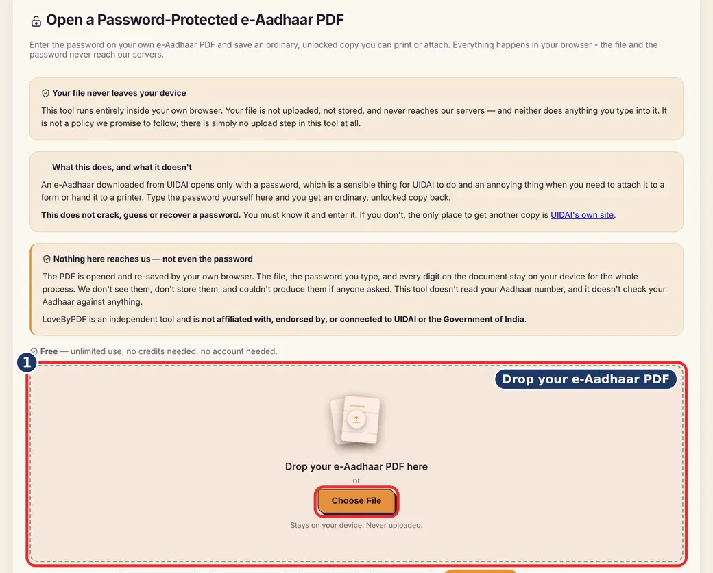 Step 1: Add your e-Aadhaar PDF (e-Aadhaar PDF password) - Open a Password-Protected e-Aadhaar PDF on LoveByPDF