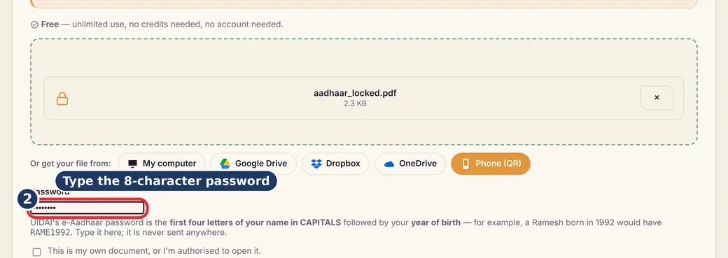 Step 2: Type the password (unlock Aadhaar PDF) - Open a Password-Protected e-Aadhaar PDF on LoveByPDF