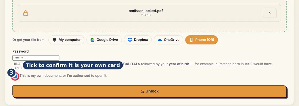 Step 3: Confirm it is your own card (Aadhaar PDF password format) - Open a Password-Protected e-Aadhaar PDF on LoveByPDF