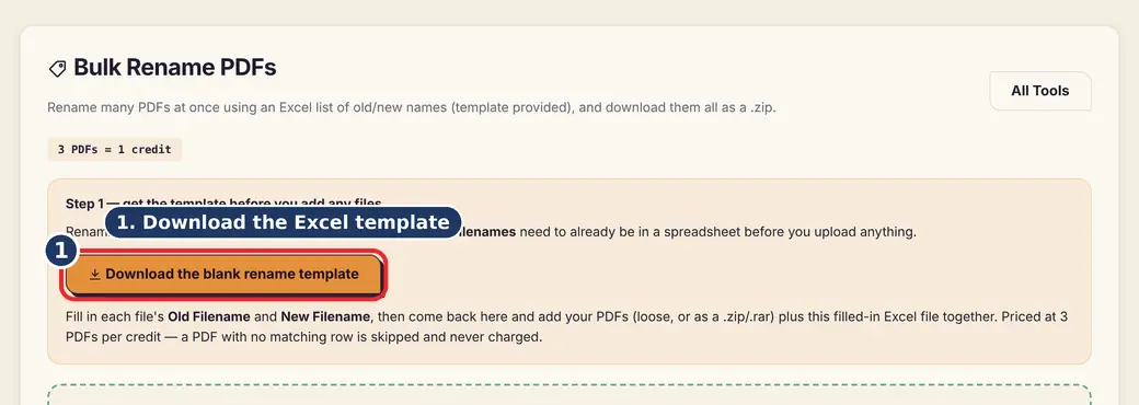 Step 1: Download the Excel template (bulk rename PDF files) - Bulk Rename PDFs on LoveByPDF