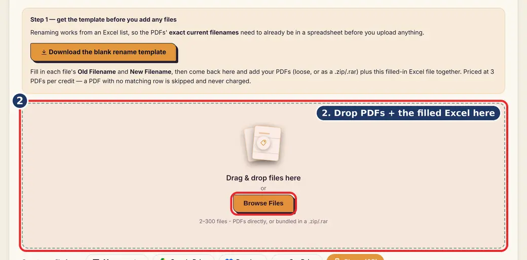 Step 2: Drop your PDFs and the Excel file (rename multiple PDFs) - Bulk Rename PDFs on LoveByPDF