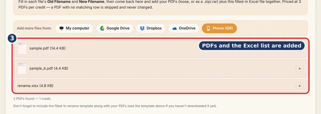 Step 3: Check the list (batch rename files Excel) - Bulk Rename PDFs on LoveByPDF