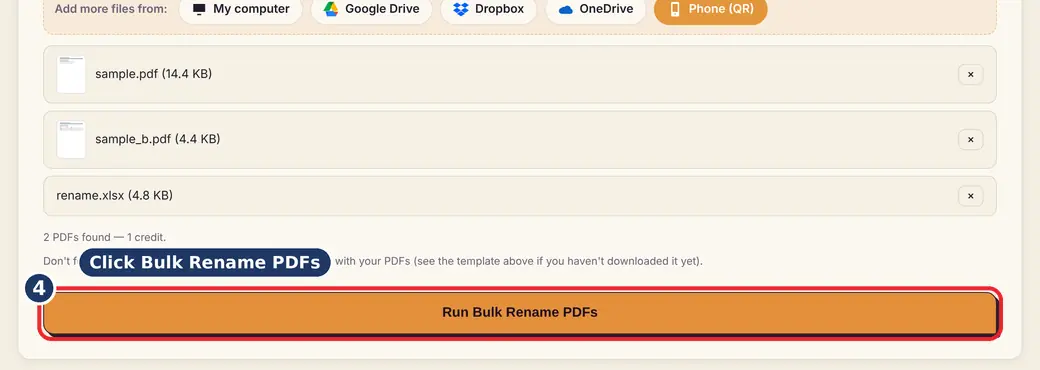 Step 4: Press Run (rename PDFs from Excel) - Bulk Rename PDFs on LoveByPDF
