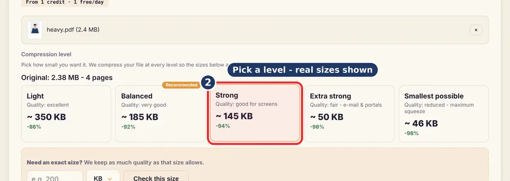 Step 2: Pick a level and see the real size (reduce PDF file size) - Compress PDF on LoveByPDF