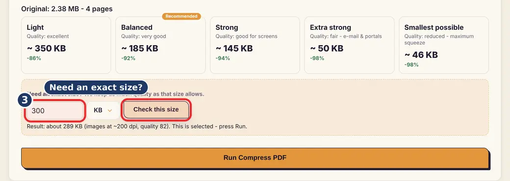 Step 3: Need an exact size? Type it (compress PDF to 100 KB) - Compress PDF on LoveByPDF