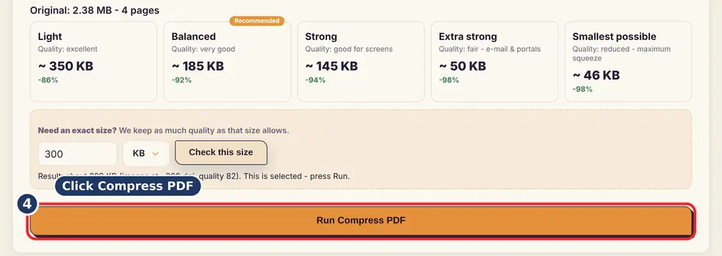 Step 4: Press Run (compress PDF for email) - Compress PDF on LoveByPDF