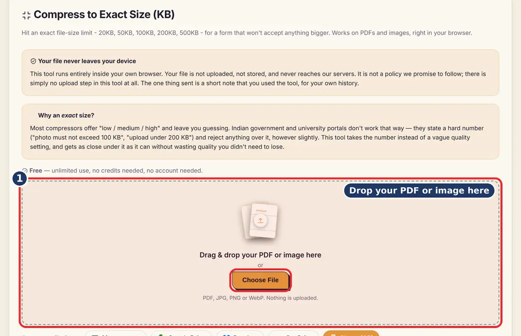 Step 1: Add your PDF or image (compress PDF to 100 KB) - Compress to Exact Size (KB) on LoveByPDF