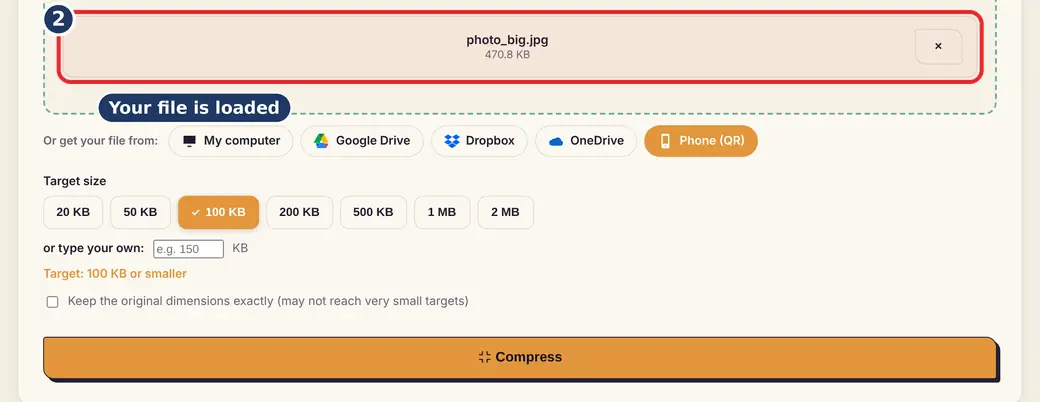 Step 2: Check the file (reduce image size to 50 KB) - Compress to Exact Size (KB) on LoveByPDF