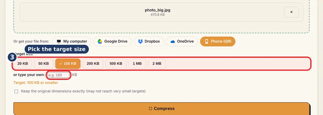 Step 3: Pick the target size (compress photo to 20 KB) - Compress to Exact Size (KB) on LoveByPDF