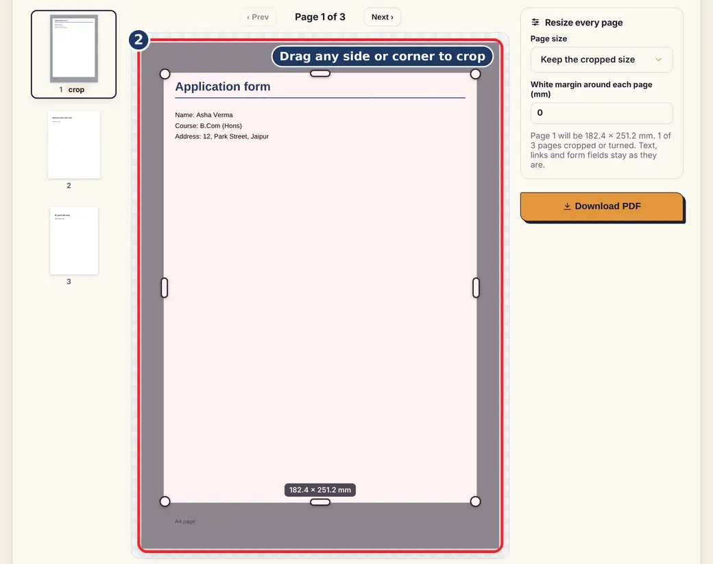 Step 2: Crop the first page (crop PDF pages) - Crop & Resize PDF on LoveByPDF
