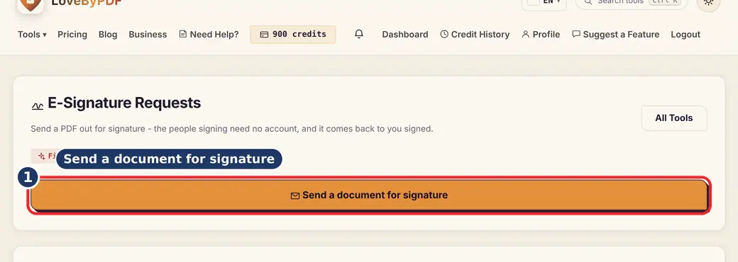 Step 1: Start a signature request (e-signature online India) - E-Signature Requests on LoveByPDF