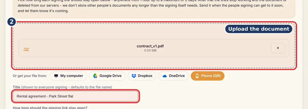 Step 2: Upload the document and give it a title (send PDF for signature) - E-Signature Requests on LoveByPDF