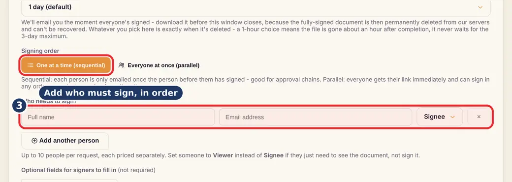 Step 3: Add who must sign, in order (get documents signed online) - E-Signature Requests on LoveByPDF