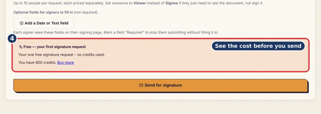 Step 4: See the cost before you send (multiple signers PDF) - E-Signature Requests on LoveByPDF