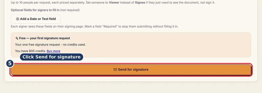 Step 5: Press Send for signature (e-signature online India) - E-Signature Requests on LoveByPDF