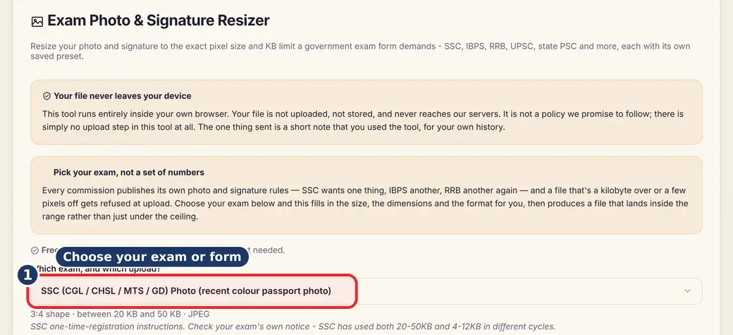 Step 1: Choose your exam or form (resize photo for exam form) - Exam Photo & Signature Resizer on LoveByPDF