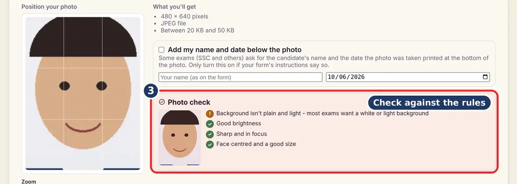 Step 3: Read the photo check (signature resize online) - Exam Photo & Signature Resizer on LoveByPDF