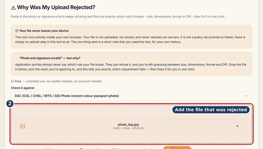 Step 2: Add the rejected file (document upload failed size) - Why Was My Upload Rejected? on LoveByPDF
