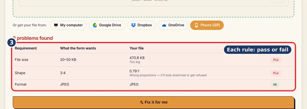 Step 3: Read each rule (check photo size KB online) - Why Was My Upload Rejected? on LoveByPDF