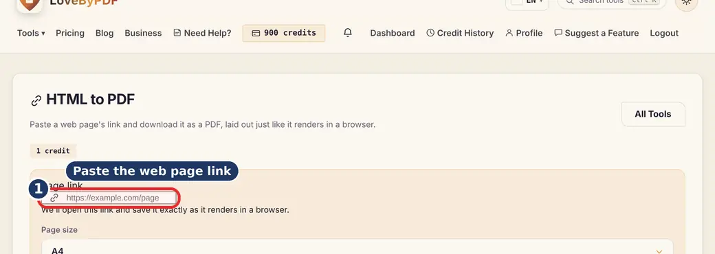 Step 1: Paste the page link (webpage to PDF) - HTML to PDF on LoveByPDF