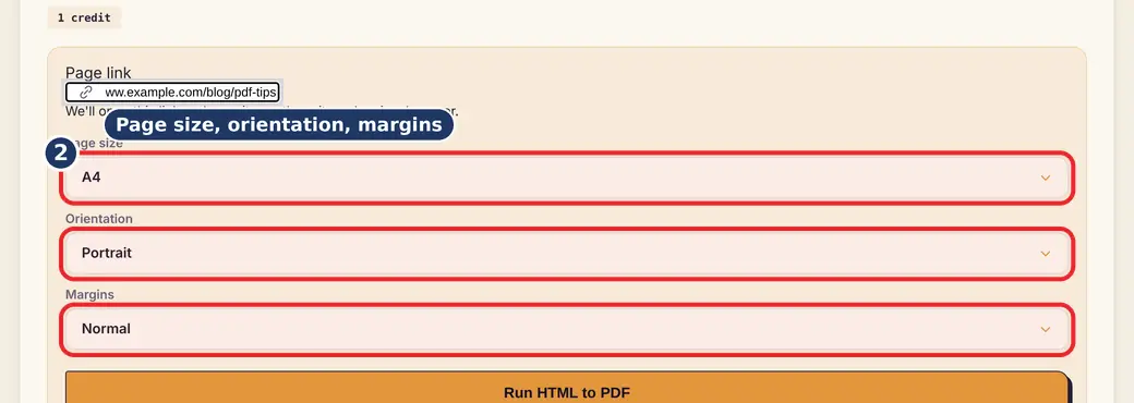 Step 2: Choose size, orientation and margins (HTML to PDF online) - HTML to PDF on LoveByPDF