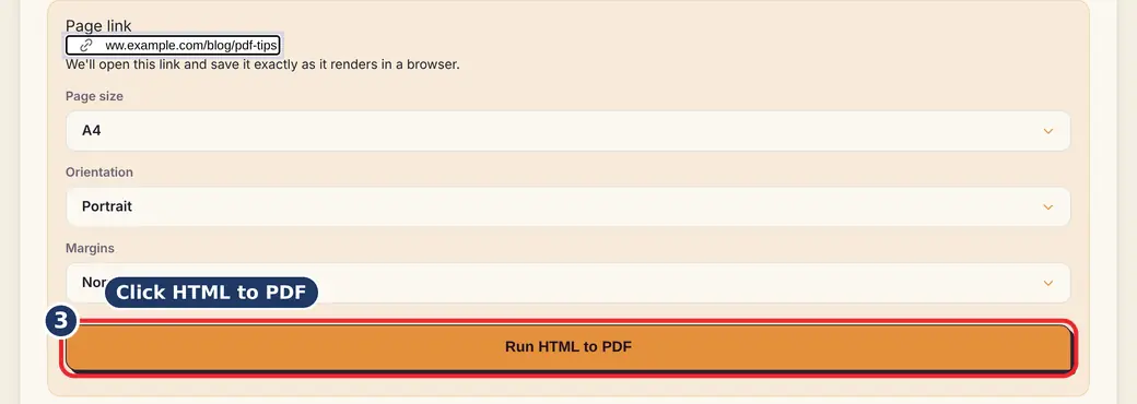 Step 3: Press Run (save website as PDF) - HTML to PDF on LoveByPDF