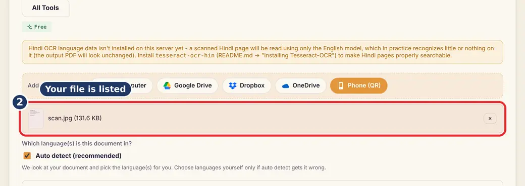 Step 2: Check the file and language (OCR image to text) - Image to Text (OCR) on LoveByPDF