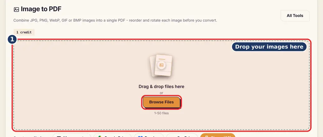 Step 1: Add your images (JPG to PDF online) - JPG to PDF on LoveByPDF