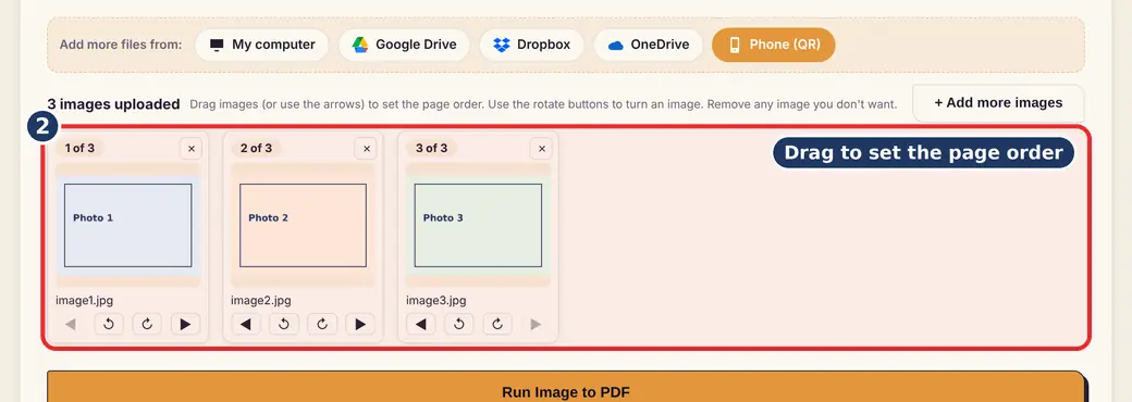 Step 2: Set the page order (convert image to PDF) - JPG to PDF on LoveByPDF