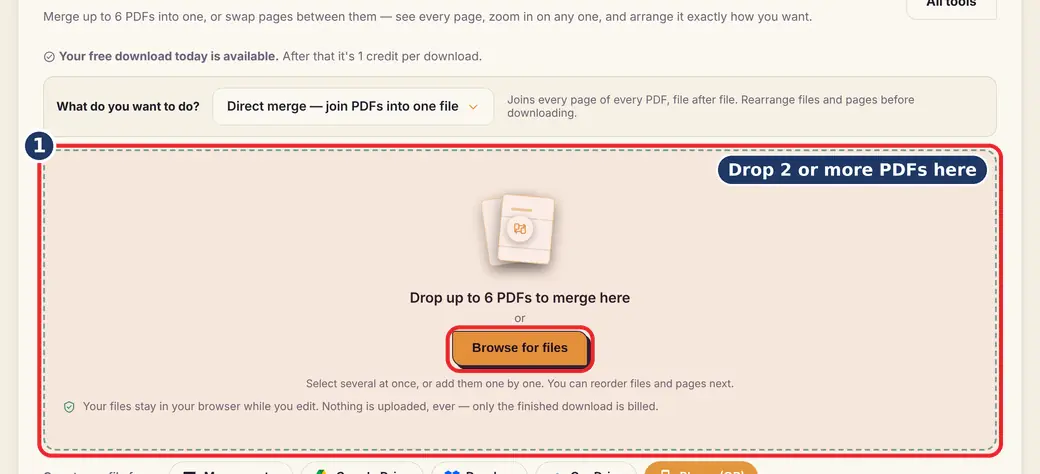 Step 1: Open the tool and add your PDFs (merge PDF online) - Merge & Swap PDF on LoveByPDF