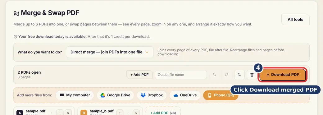 Step 4: Name the file and download (merge PDF without losing quality) - Merge & Swap PDF on LoveByPDF