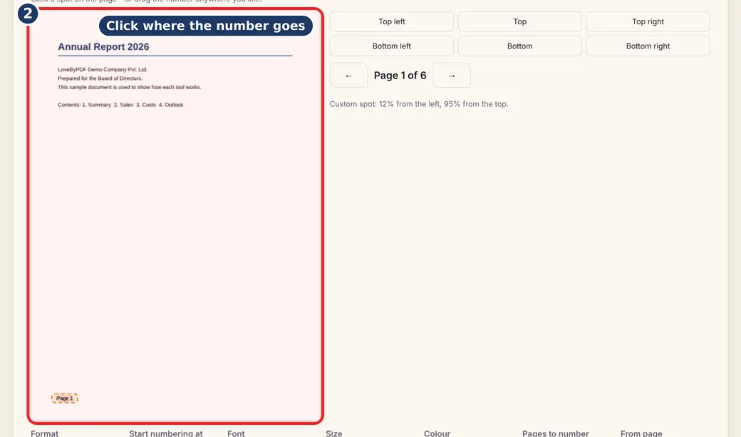 Step 2: Place the number (number PDF pages online) - Page Number in PDF on LoveByPDF
