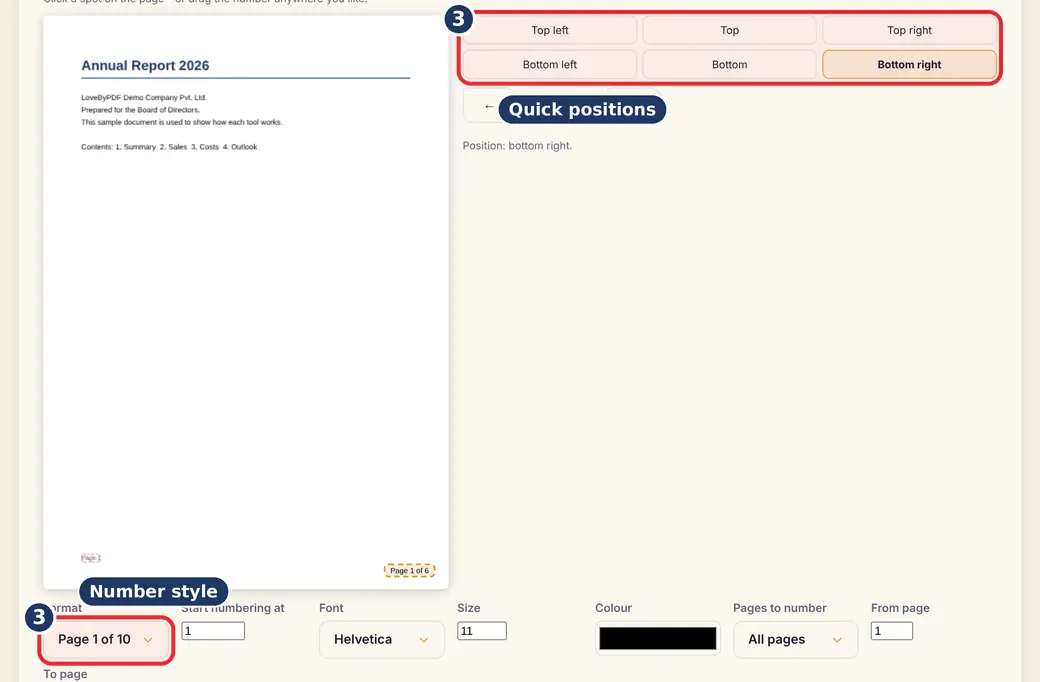 Step 3: Choose position and style (page numbers in PDF) - Page Number in PDF on LoveByPDF