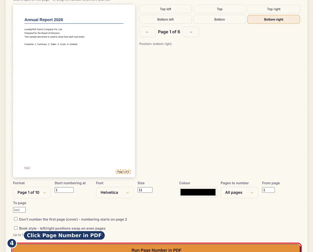 Step 4: Press Run (Roman numeral page numbers) - Page Number in PDF on LoveByPDF