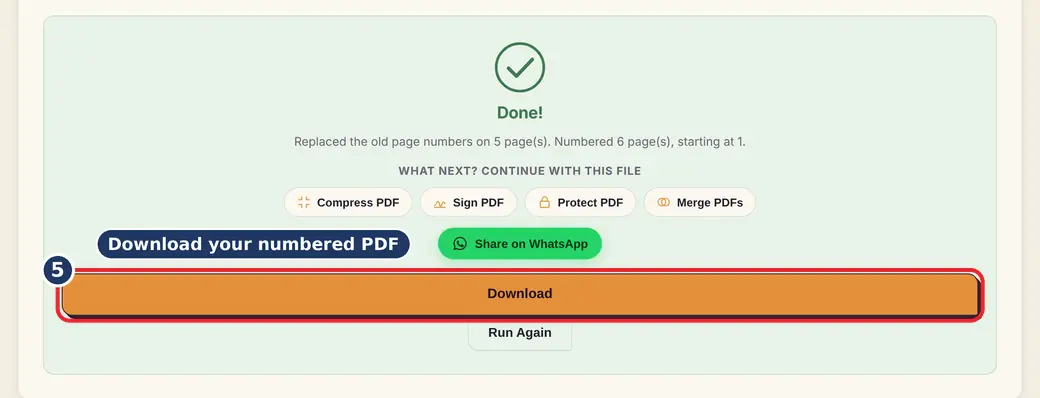 Step 5: Download the numbered PDF (add page numbers to PDF) - Page Number in PDF on LoveByPDF