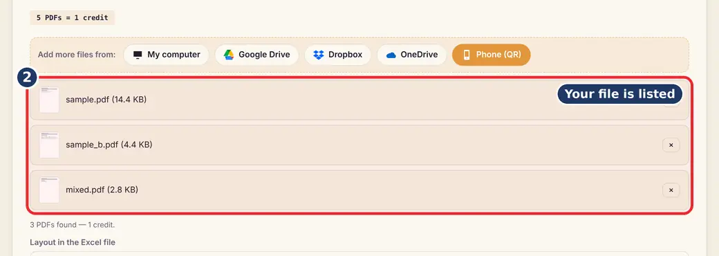 Step 2: Check the list (list file names in Excel) - PDF Filenames to Excel on LoveByPDF