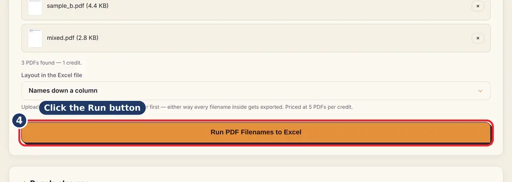 Step 4: Press Run (ZIP file list to Excel) - PDF Filenames to Excel on LoveByPDF
