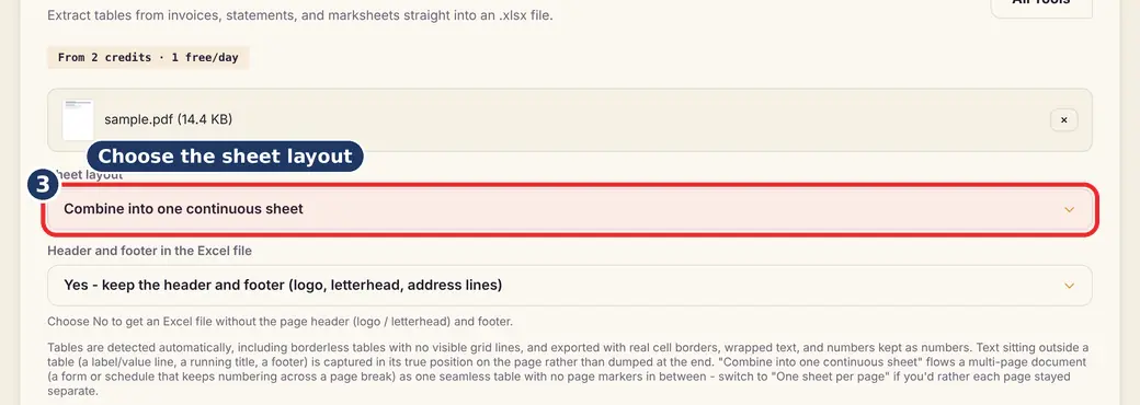 Step 3: Choose the sheet layout (extract tables from PDF) - PDF to Excel on LoveByPDF