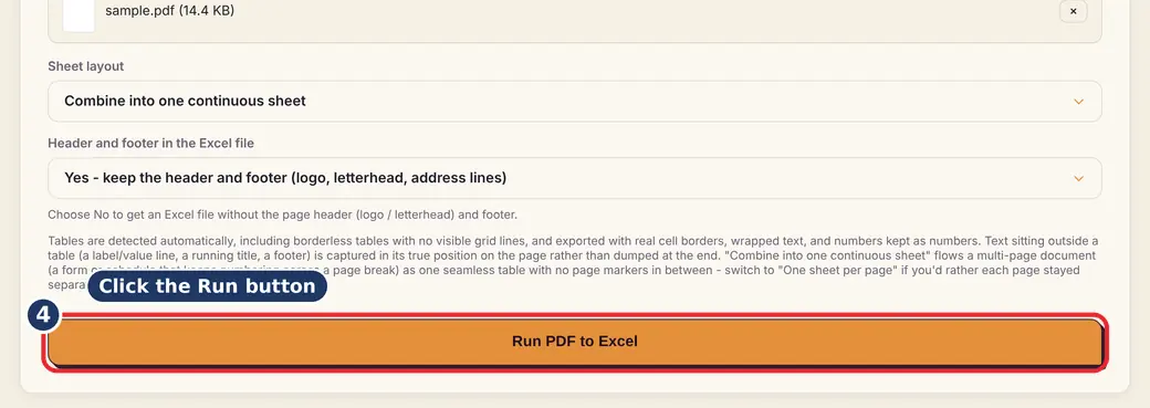 Step 4: Press Run (PDF to XLSX) - PDF to Excel on LoveByPDF