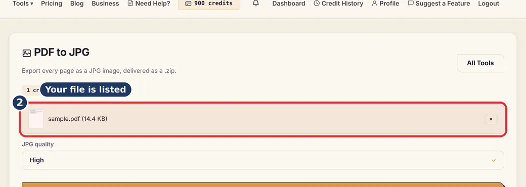 Step 2: Check the file (convert PDF to image) - PDF to JPG on LoveByPDF