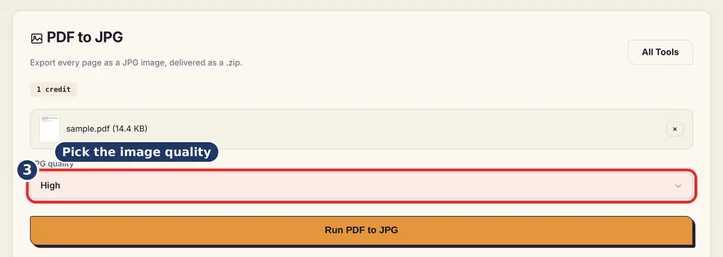 Step 3: Choose the image quality (PDF to JPG high quality) - PDF to JPG on LoveByPDF