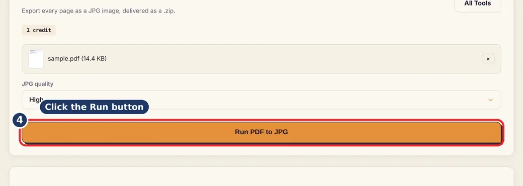 Step 4: Press Run (save PDF pages as pictures) - PDF to JPG on LoveByPDF