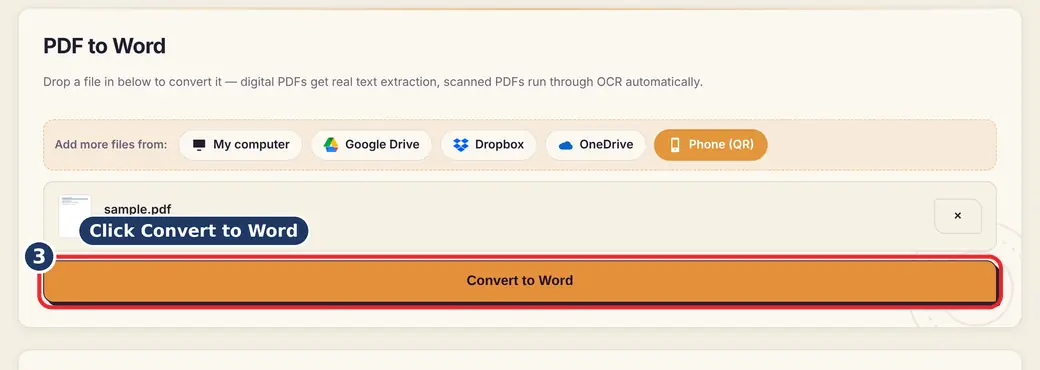 Step 3: Press the Convert button (PDF to Word with OCR) - PDF to Word on LoveByPDF