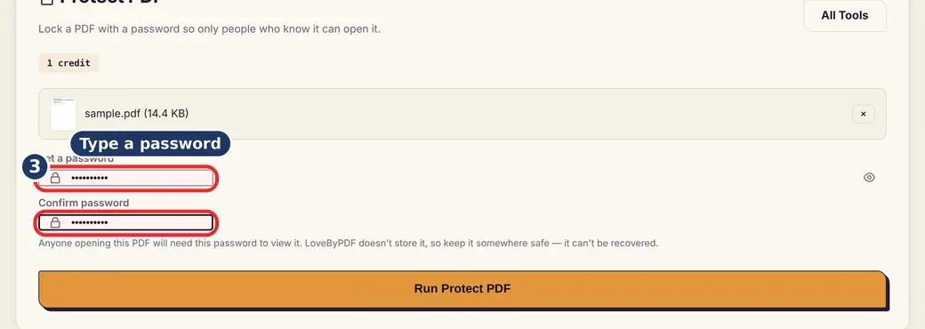 Step 3: Type the password twice (lock PDF) - Protect PDF on LoveByPDF