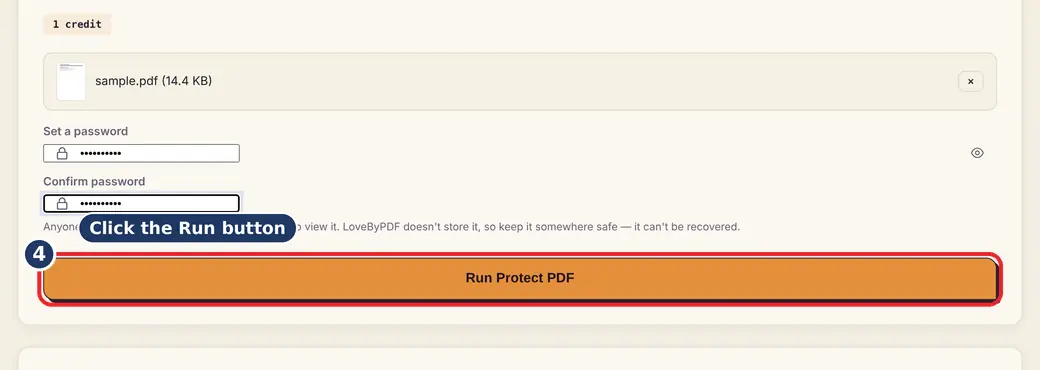Step 4: Press Run (add password to PDF) - Protect PDF on LoveByPDF