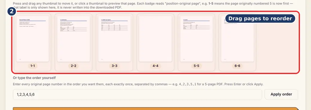 Step 2: Drag the pages (rearrange PDF pages) - Reorder Pages on LoveByPDF