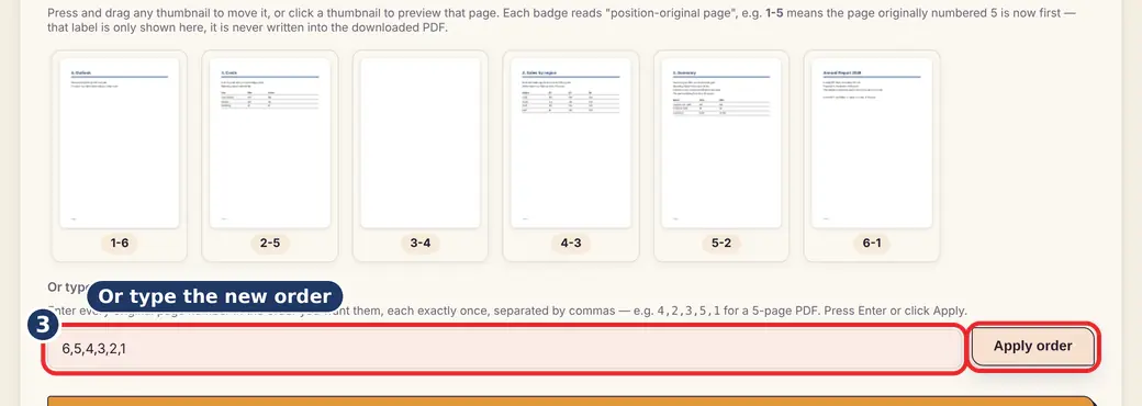 Step 3: Or type the order (change page order in PDF) - Reorder Pages on LoveByPDF