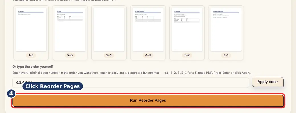 Step 4: Press Run (move pages in PDF) - Reorder Pages on LoveByPDF